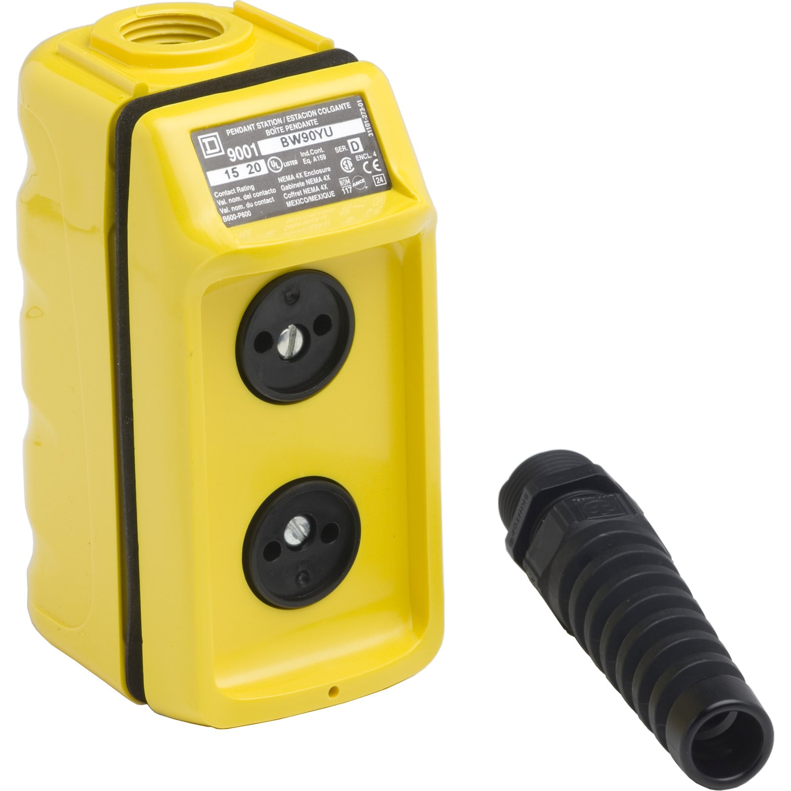 9001BW90YU Corrosion-Resistant Dusttight/Oiltight/Watertight Ergonomic Pendant Control Station, 600 VAC, 5 A, 2NO-2NC Contact, 2 Operators, NEMA 1/3/3R/4/4X/13 NEMA Rating