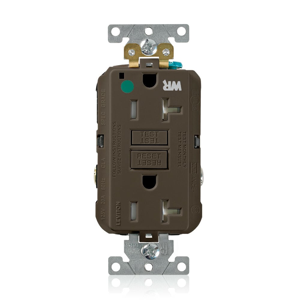 GFWT2-HG SmartlockPro Duplex Feed Through Self-Test Slim Tamper/Weather Resistant GFCI Receptacle, 125 V AC, 20 A, 2 Poles, 3 Wires, Brown