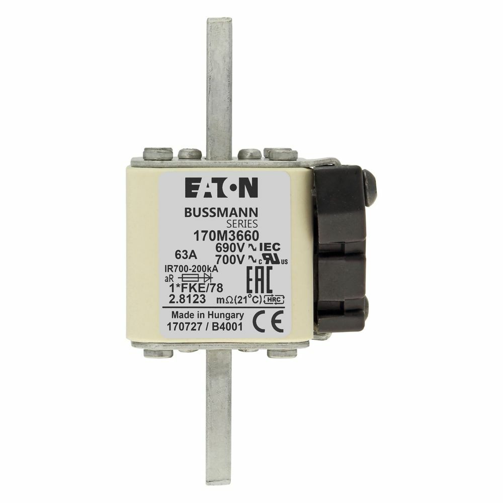 170M3660 Type K US Style High Speed Fuse, 63 A, 690/700 V, 200 kA Interrupt, Class: AR, Square Body
