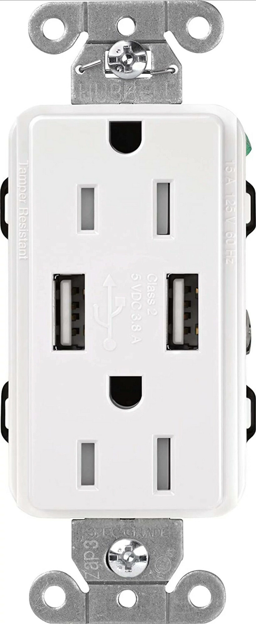 CAR-15-UBTR-WH Claro Tamper-Resistant USB-A Duplex Receptacle, Decorator-Style Outlet, 15 Amp, Self-Testing, Gloss, White