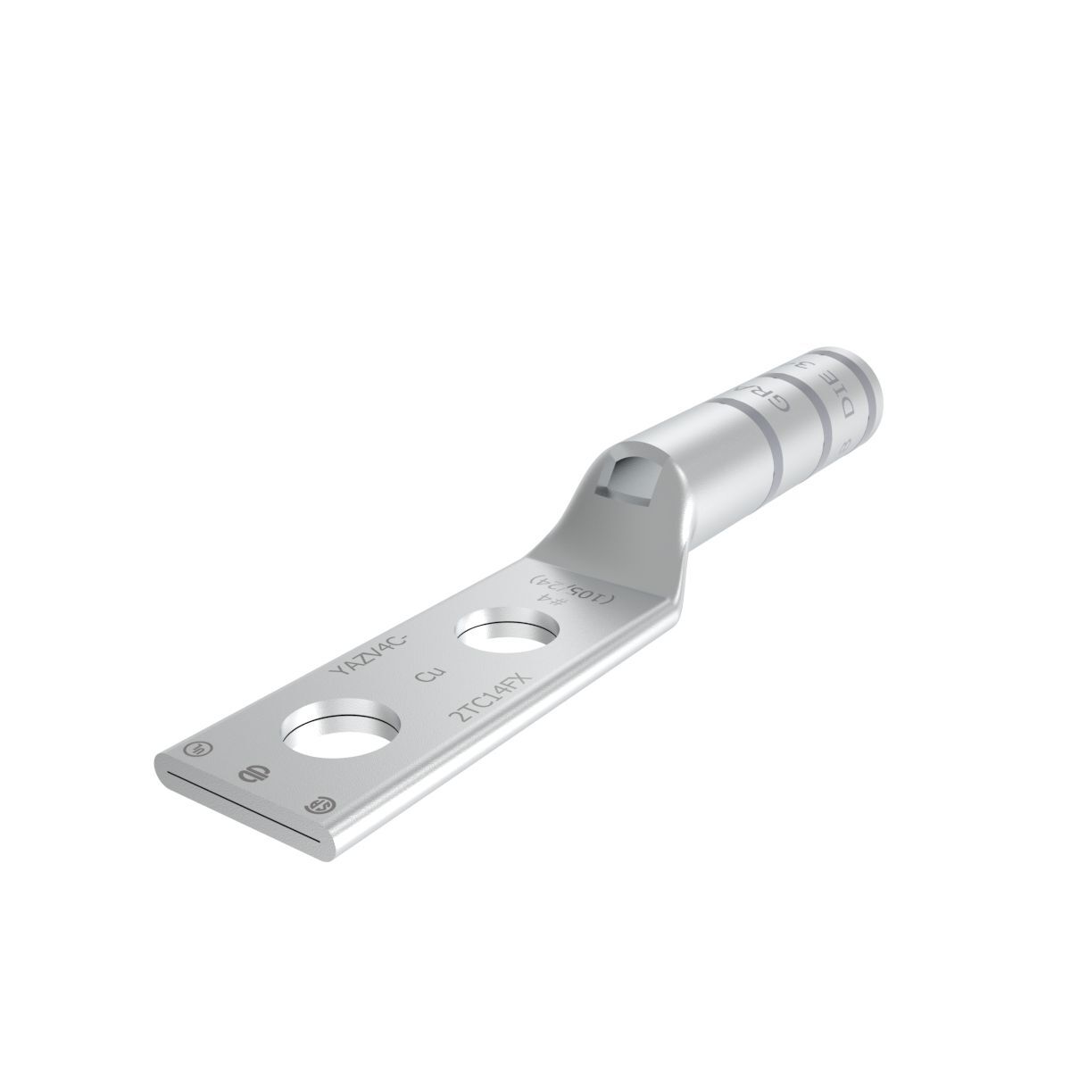 YAZV4C2TC14FX YAZ-2TC-FX 2-Hole Compression Lug With Inspection Window, 4 AWG Flexible/Stranded Copper Conductor, Die Code: 8/346, 1/4 in Stud, Tin Plated Copper