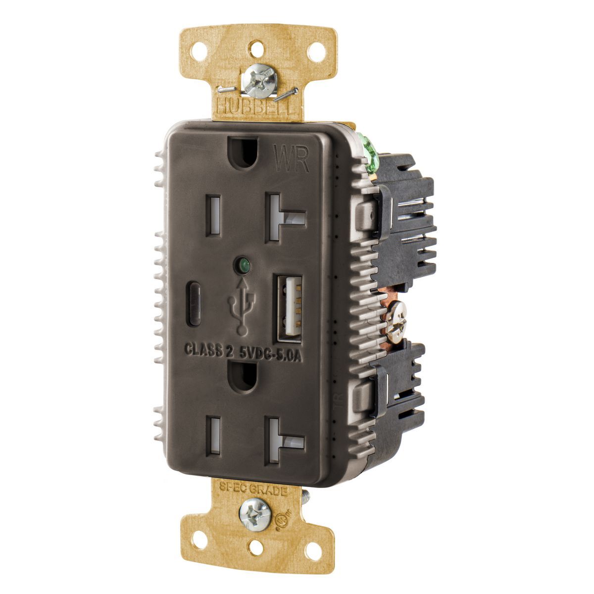 USB20AC5WR Decorator Duplex Grounding Tamper-Resistant Weather-Resistant USB Charger Receptacle With Green LED, 125 V, 20 A, 1 Phase, 2 Poles, 3 Wires, Brown