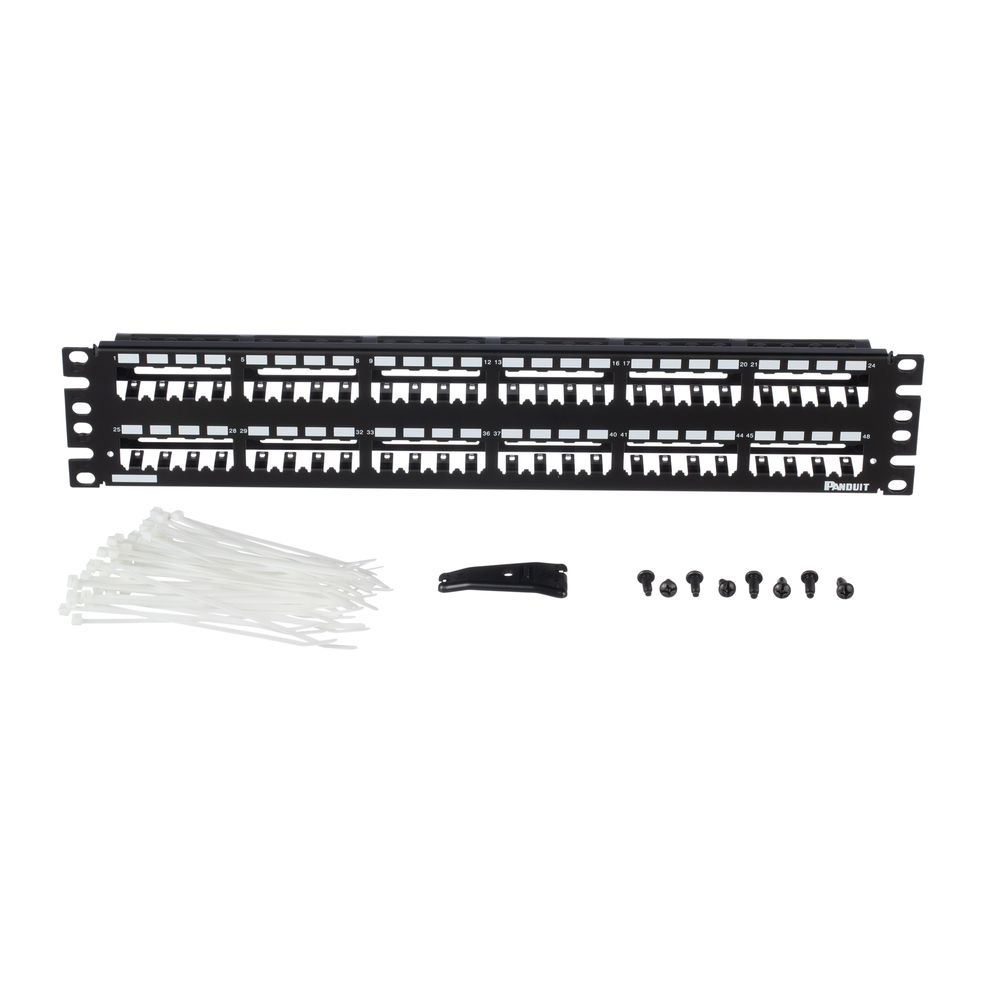 CP48WSBLY Mini-Com PanNet 2RU All Metal Flat Shielded Modular Patch Panel With Black Built-In Strain Relief Bar, 48 Ports, Stainless Steel