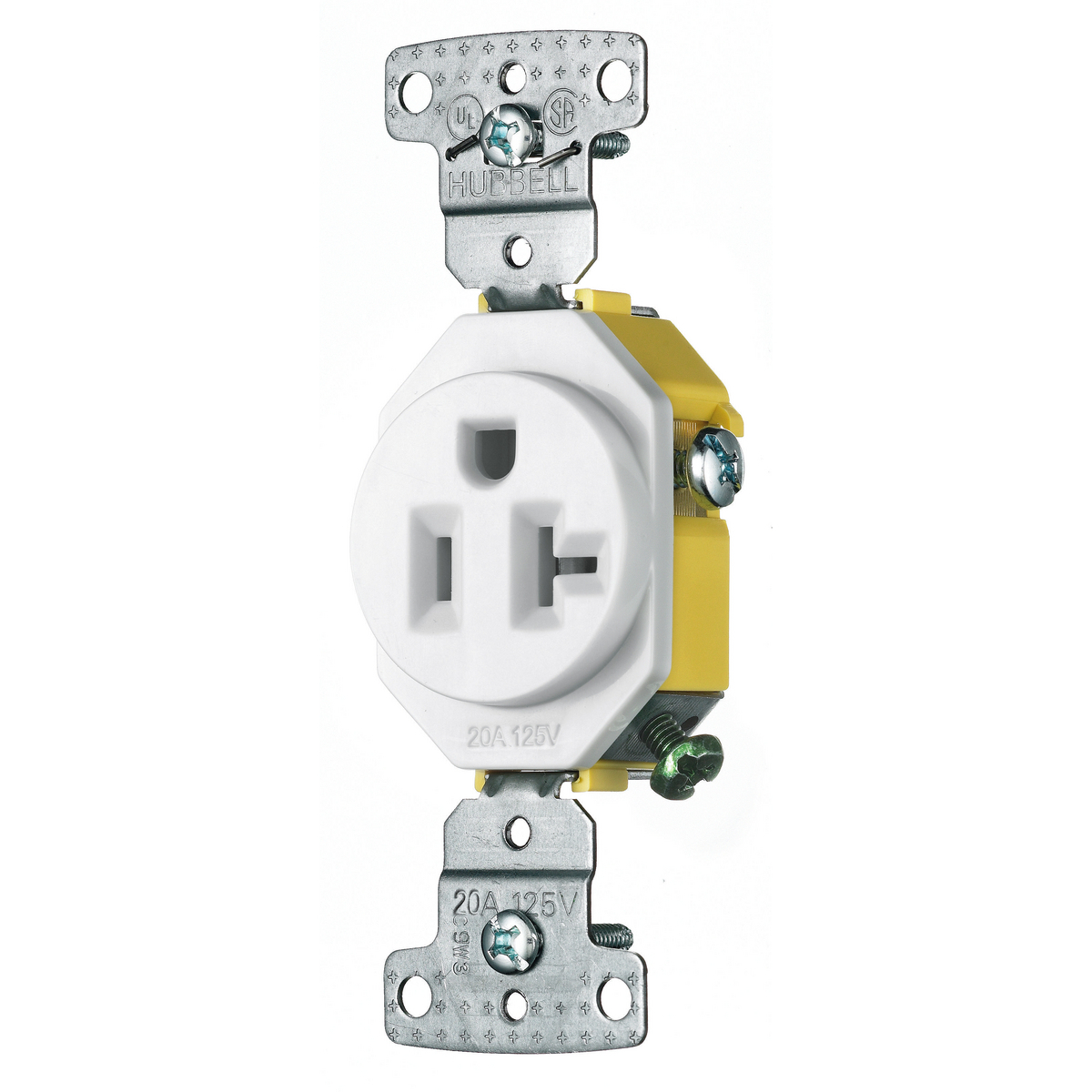 RR201W 1-Phase Single Standard Screw Mount Straight Blade Receptacle, 125 V AC, 20 A, 2 Poles, 3 Wires, White