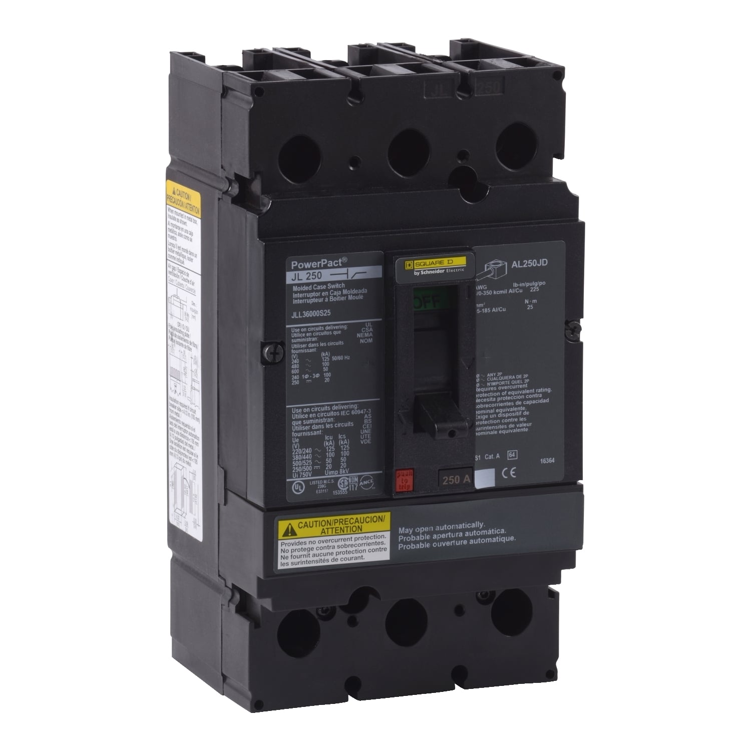 JLL36000S25 Molded Case Circuit Breaker, 250 Amp, 3 Pole, 600V