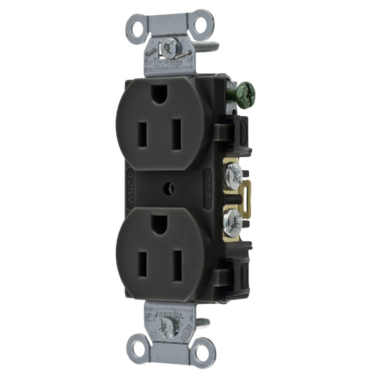 5252ABLK 1-Phase Duplex Heavy Duty Self-Grounding Standard Traditional Screw Mount Straight Blade Receptacle, 125 V AC, 15 A, 2 Poles, 3 Wires, Black