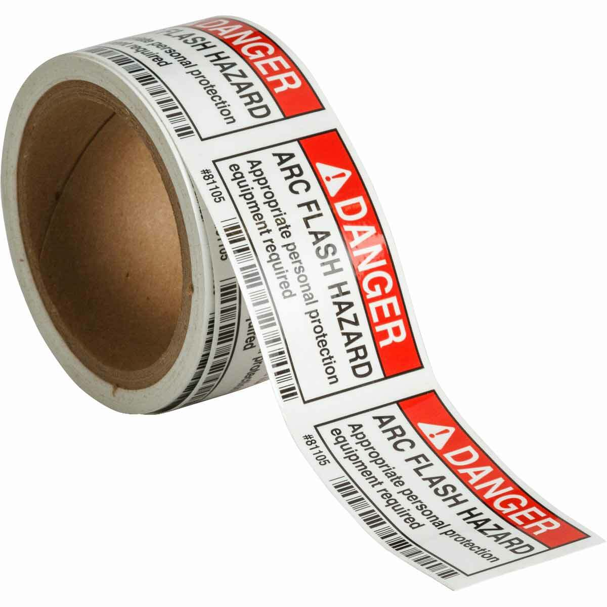 81105 Laminated Non-Reflective Rectangular Self-Adhesive Arc Flash Protection Label, 3 in W, DANGER ARC FLASH HAZARD APPROPRIATE PERSONAL PROTECTION EQUIPMENT REQUIRED Legend, Black/Red on White, B-302 Polyester, 100 per Roll Labels