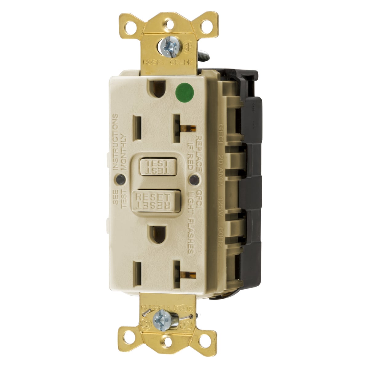 GFRST83SNAPI 1-Phase Decorator Duplex Self-Test Standard Screw Mount GFCI Receptacle, 125 VAC, 20 A, 2 Poles, 3 Wires, Ivory