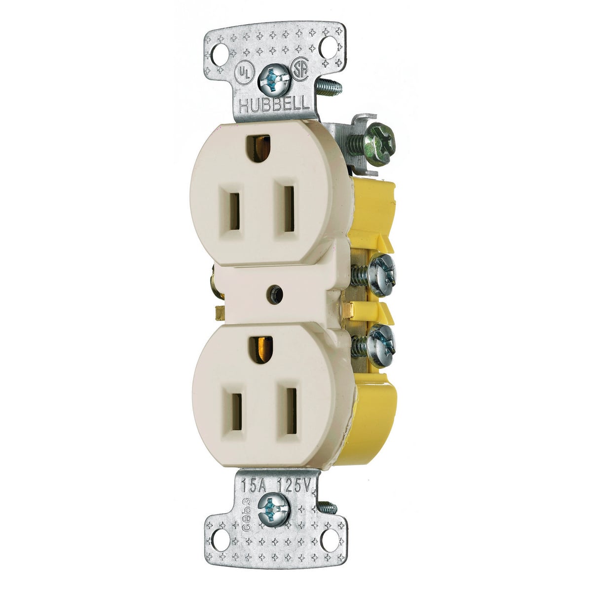 RR15LA 1-Phase Duplex Self-Grounding Standard Traditional Screw Mount Straight Blade Receptacle, 125 V AC, 15 A, 2 Poles, 3 Wires, Light Almond