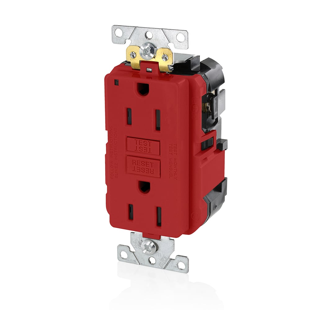 MGFN1-R SmartlockPro Slim Duplex Feed Through Self-Test GFCI Receptacle, 125 V AC, 15 A, 2 Poles, 3 Wires, Red