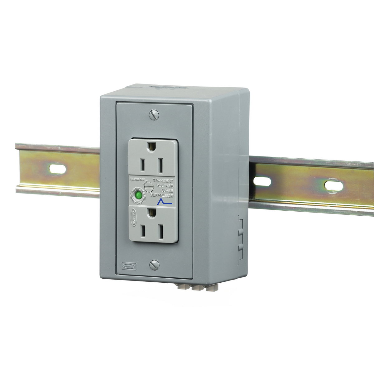 DRUBTVSS15 Type TVSS Duplex DIN Rail Utility Box Grounding Standard Molded and Fabricated Straight Blade Receptacle, 125 V AC, 15 A
