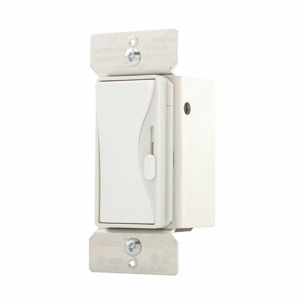 Eaton slide dimmer, No neutral required, #14 -12 AWG, Flush, 120 Vac, Back and side, Maintained, White satin, 60 Hz, ELV, Single-pole, Three-way, Single-phase, Polycarbonate, 1000W 646089