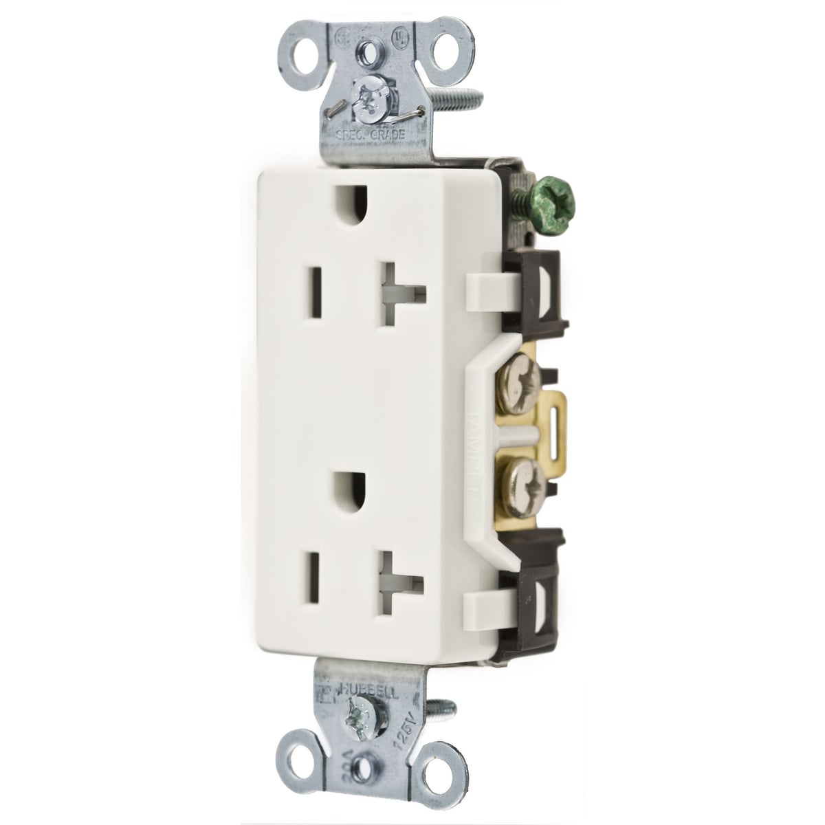 DR20WHITR 1-Phase Decorator Duplex Self-Grounding Standard Tamper Resistant Screw Mount Straight Blade Receptacle, 125 V AC, 20 A, 2 Poles, 3 Wires, White