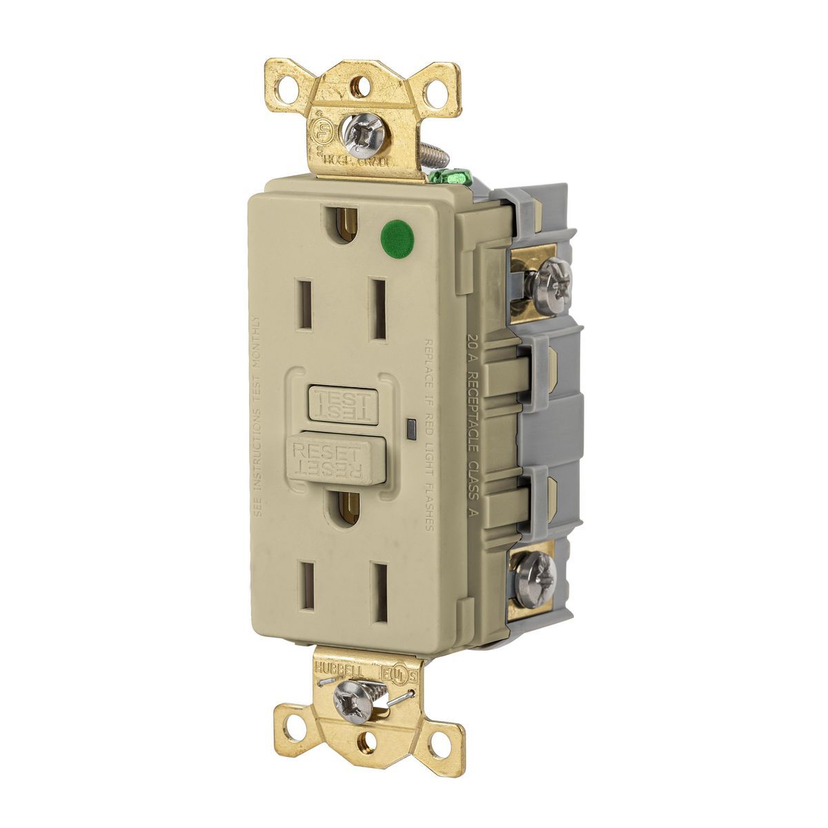 GFR82I Heavy Duty GFCI Receptacle, 125 V AC, 15 A, 2 Poles, 3 Wires, Ivory