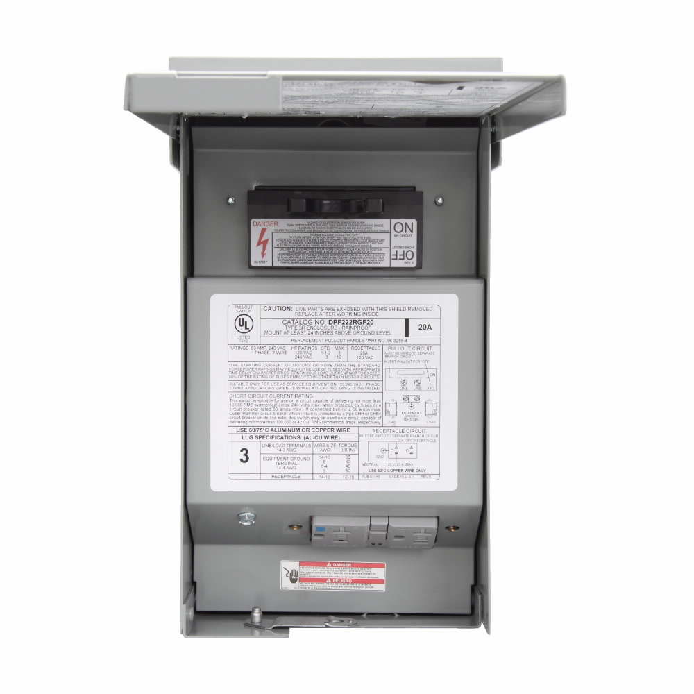 DPF222RGF20WTST Fusible Pullout Air Conditioning Disconnect With 20 A Weather/Tamper Resistant Ground Fault Self-Test Receptacle, 120/240 V AC, 60 A, 3 hp, 10 hp