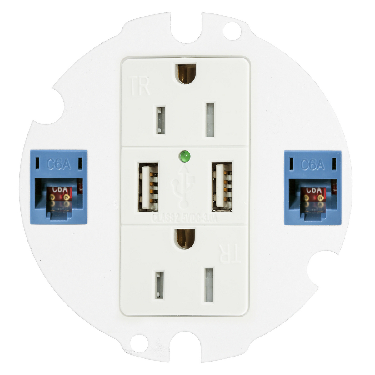 S1R4SP2X2STYLETJ Standard Sub Plate With (1) Decorator Ortronics TracJack Device Opening and (2) Ortronics TracJack Opening, 4 in Dia, 2.64 in W, Stamped Steel
