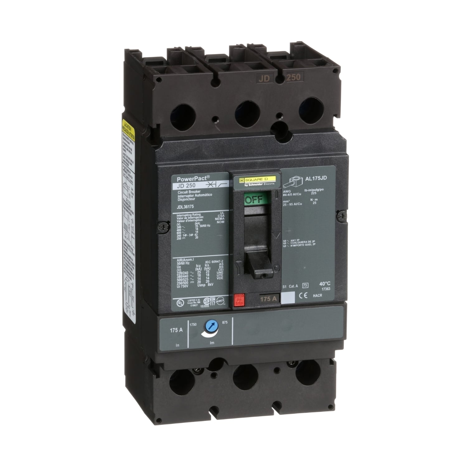JDL36175 PowerPact Type JDL Molded Case Circuit Breaker, 600 V AC/250 V DC, 175 A, 25 kA at 240 VAC/18 kA at 480 VAC/14 kA at 600 VAC/20 kA at 250VDC Interrupt, 3 Poles, Thermal Magnetic Trip