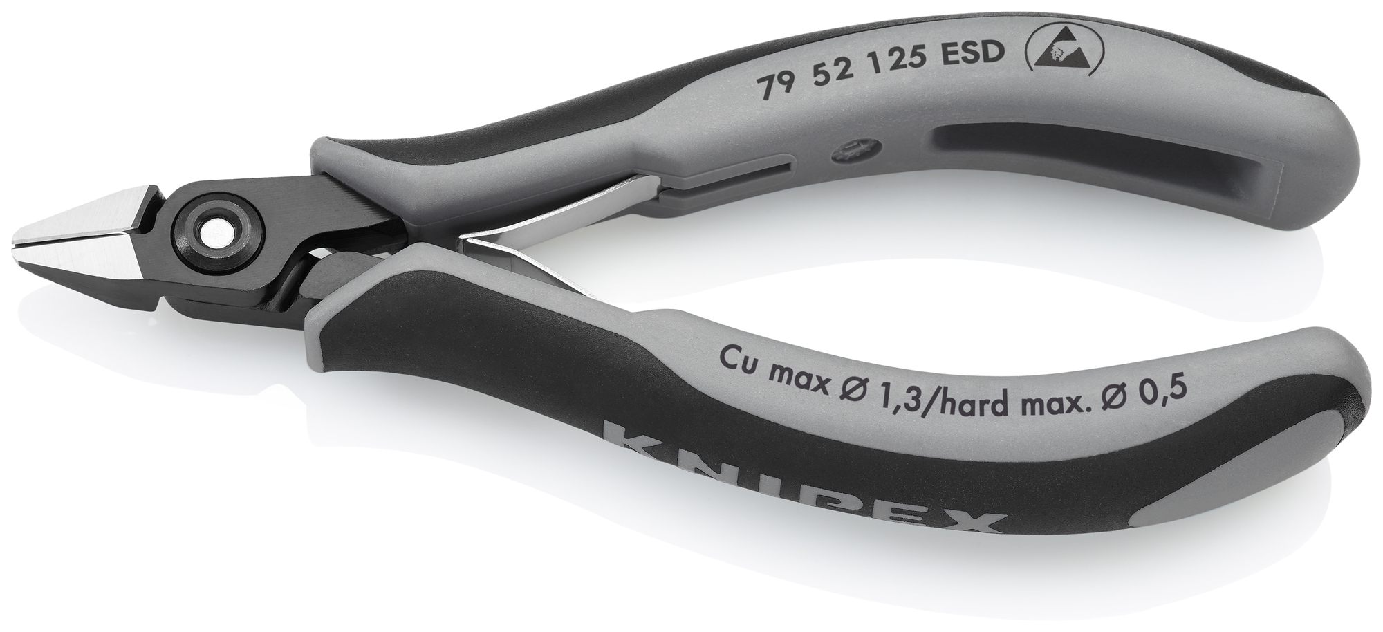 Electronics Diagonal Cutters-ESD Handles, 5 in., Multi-Component, Polished, Semi-Flush with very Small Bevel Cut, Tapered, Up to  1/64 in. Hard Wire
