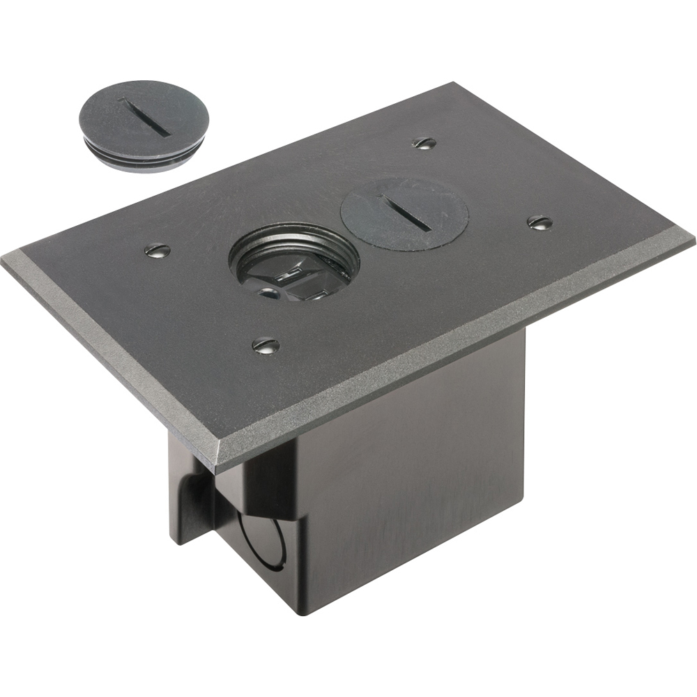 FLBR101BL Adjustable Floor Box With (2) Threaded Plugs, Plastic, 20 cu-in Capacity, 1 Gangs, 6.5 in L x 4.125 in W x 3.738 in H