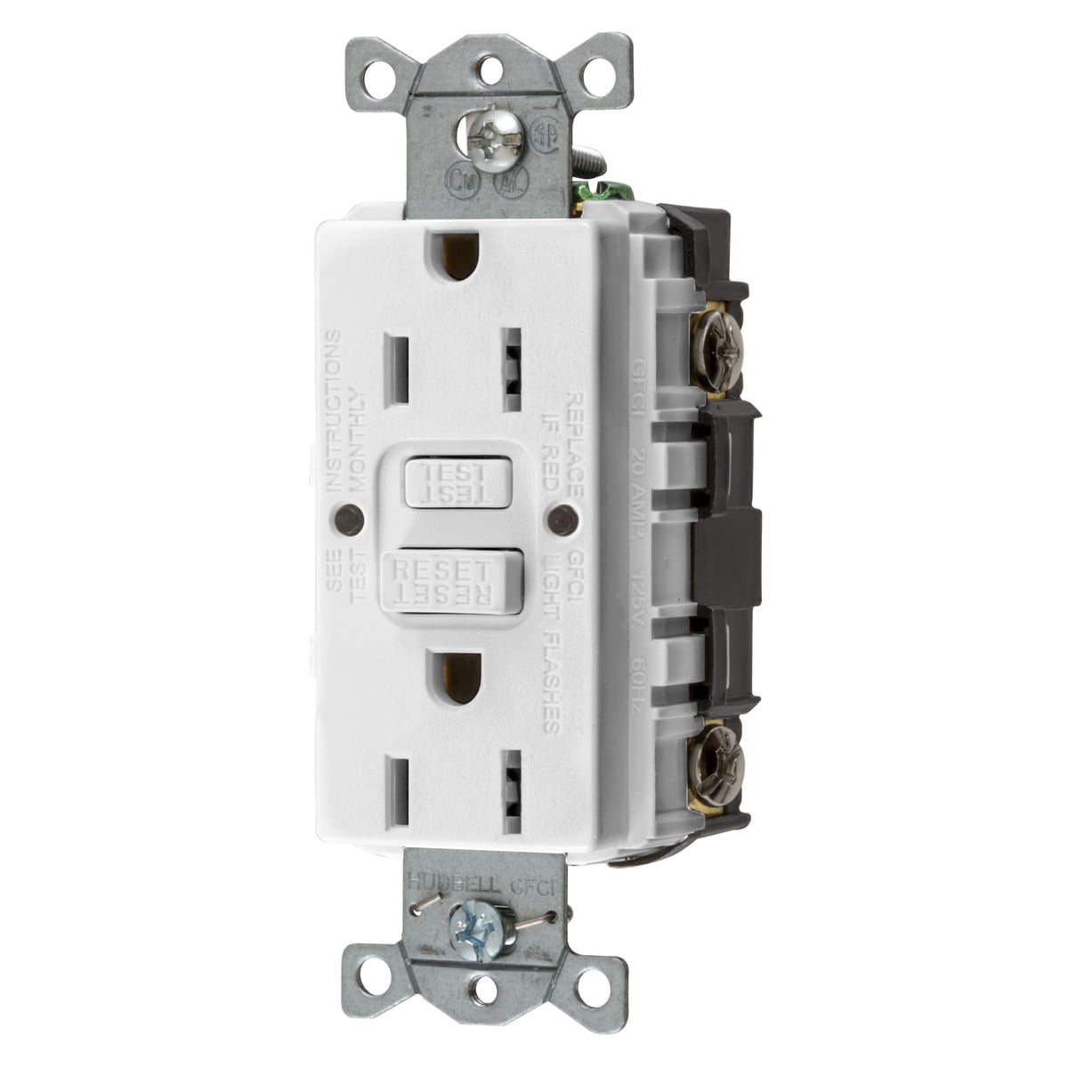 GFRST15WU 1-Phase Decorator Duplex Heavy Duty Standard Straight Blade Self-Test Screw Mount GFCI Receptacle, 125 V AC, 15 A, 2 Poles, 3 Wires, White
