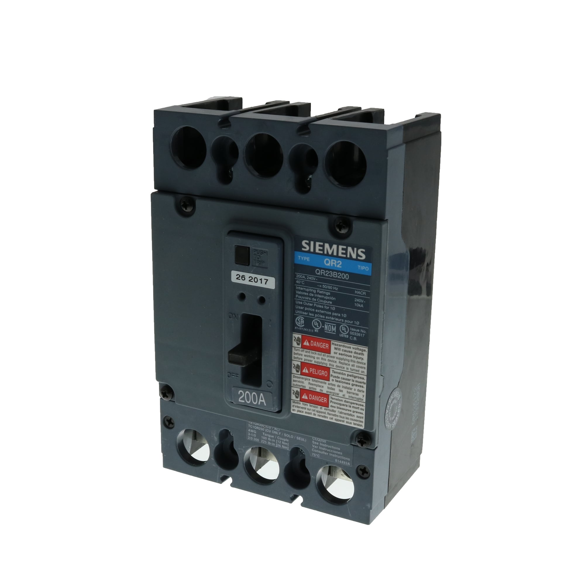 QR23B200 General Purpose Low Voltage Molded Case Circuit Breaker, 240 V AC, 200 A, 10 kA Interrupt, 3 Poles, Thermal Magnetic Trip