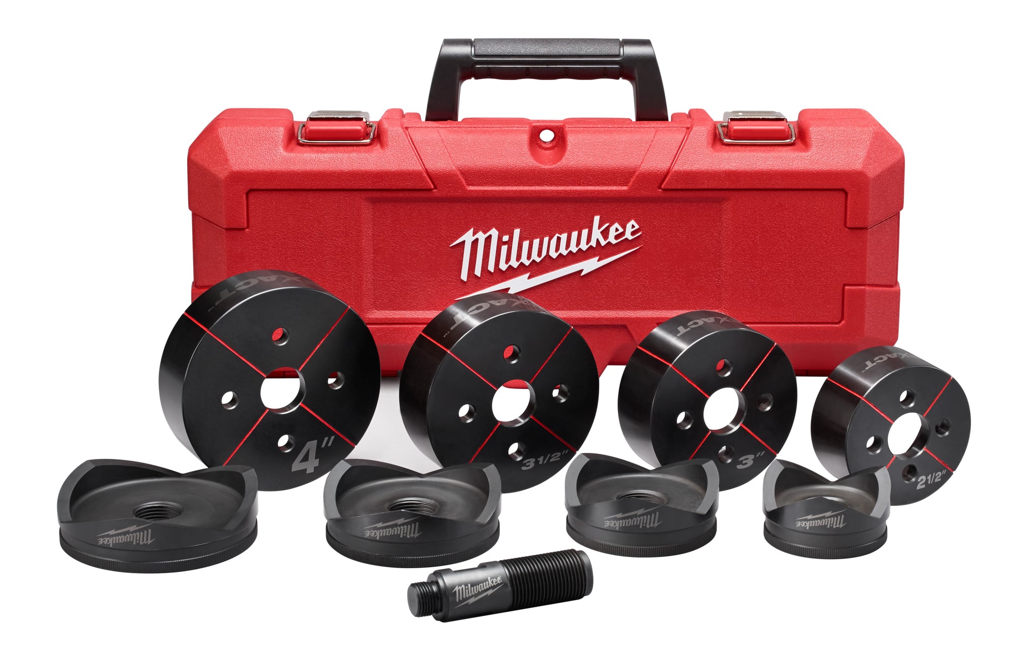 49-16-2695 M18 Exact Knockout Punch Set, 10 ga Mild Steel, 12 ga Stainless Steel Capacity, 9 Pieces, 2-1/2 to 4 in Conduit/Pipe, Mild Steel
