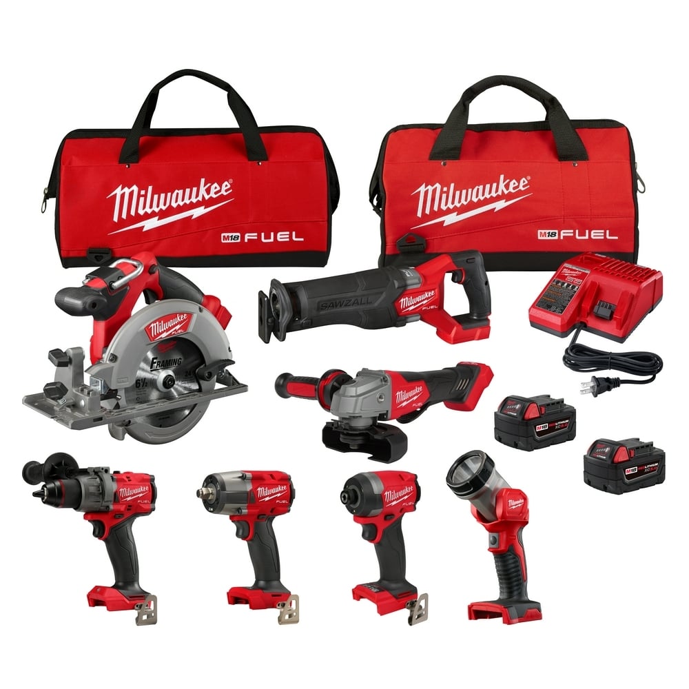3697-27 M18 FUEL Cordless 7 Tool Combo Kit, Tools: Hammer Drill/Impact Driver/Reciprocating Saw/Circular Saw/Mid-Torque Impact Wrench/Grinder/LED Work Light, 18 V, 5 Ah Battery Li-Ion Battery