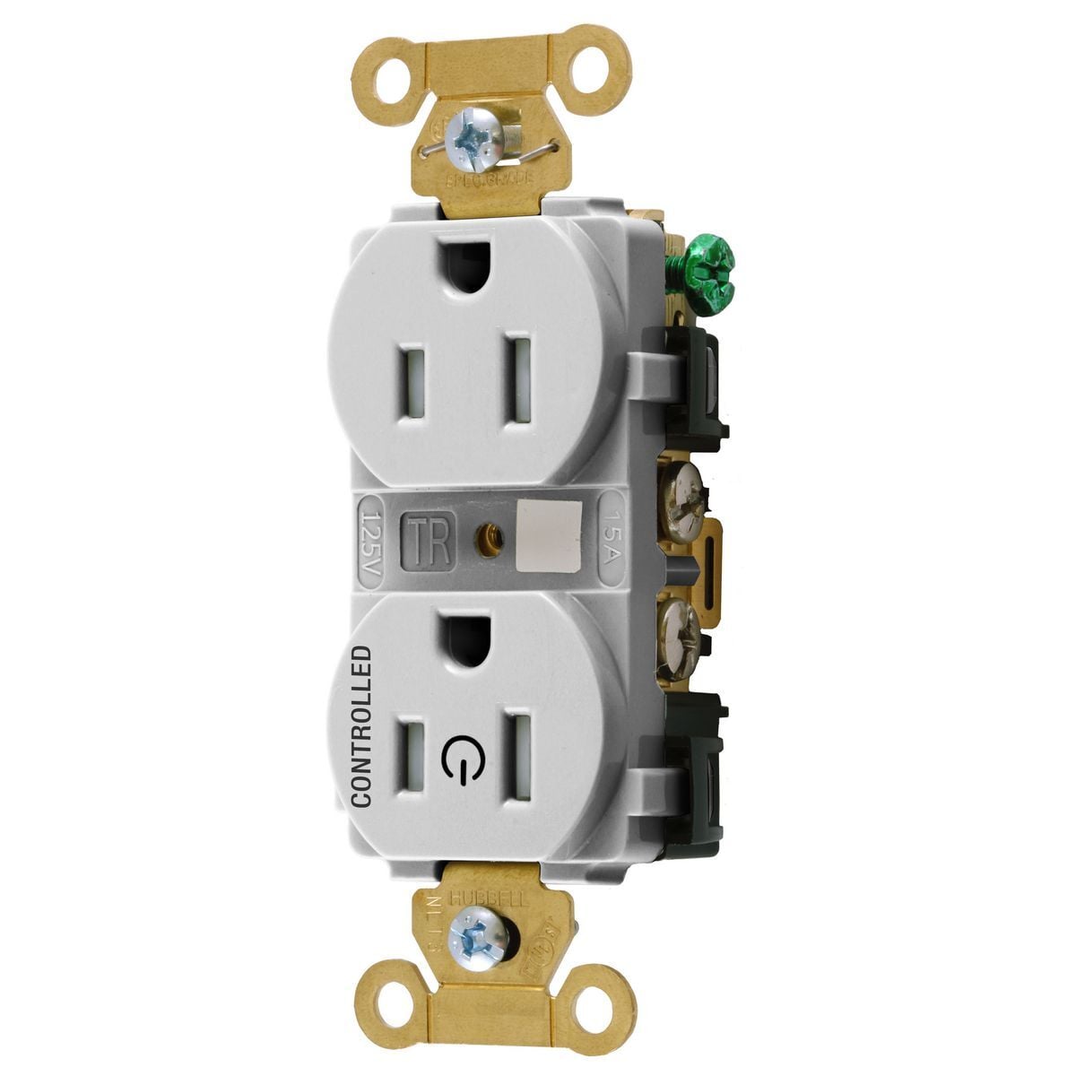 HBL5262C1WHITR 1-Controlled Face Duplex Grounding Split Circuit Hot Tab Tamper-Resistant Straight Blade Receptacle, 125 V AC, 15 A, White