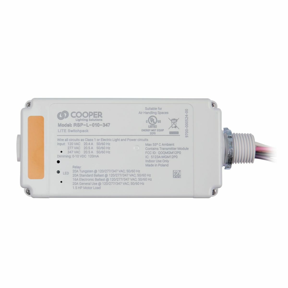 RSP-L-010-347 WaveLinx Lighting Control Relay Module, 120 to 347 V AC, 20 A, Box Mounting, ABS