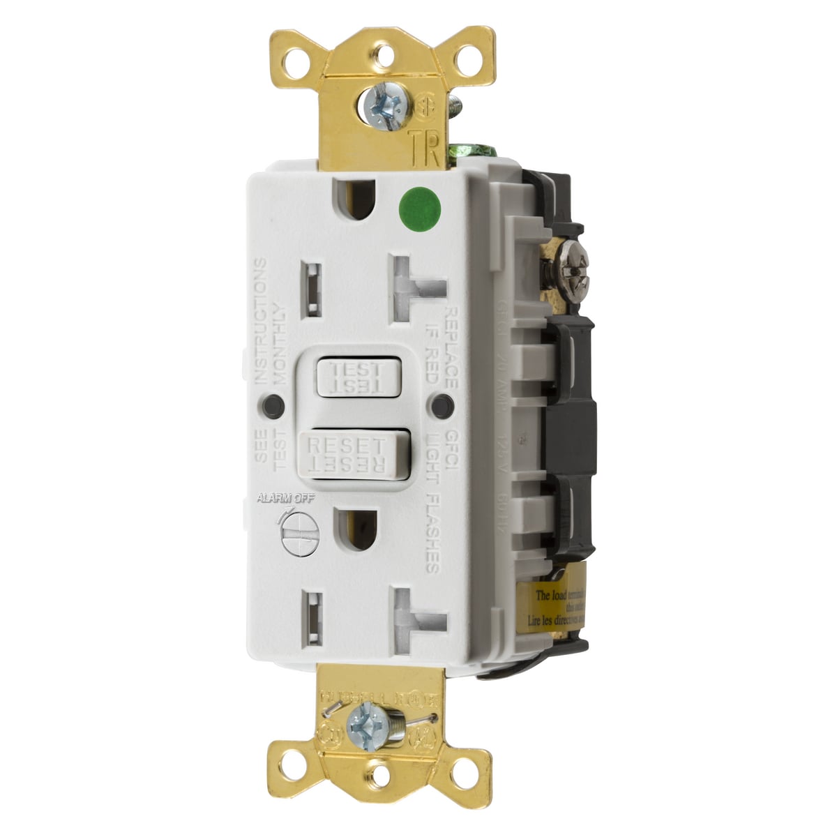 GFTRST83WB 1-Phase Heavy Duty Standard Self-Test Tamper Resistant Screw Mount GFCI Receptacle With Alarm, 125 VAC, 20 A, 2 Poles, 3 Wires, White