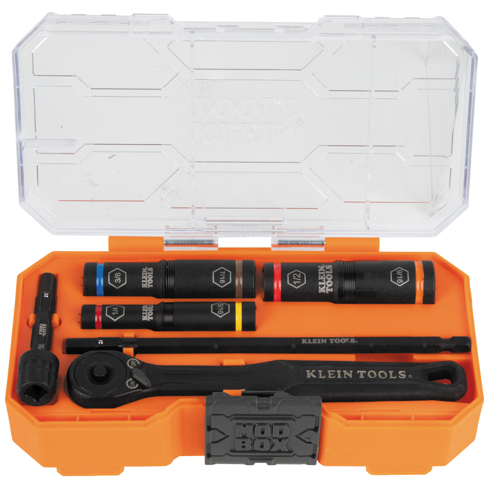 This 7-Piece Impact Socket Set features 6 standard sizes in three color-coded sockets. Each impact flip socket features two coaxial spring-loaded sockets in one. Set includes Nested adapters for dual drive (1/4-Inch hex flip socket shaft nests into 3/8-Inch square drive adapter). Also comes with a compact, modular storage system with a clear lid that is compatible with MODbox and stackable with other cases of its similar design.