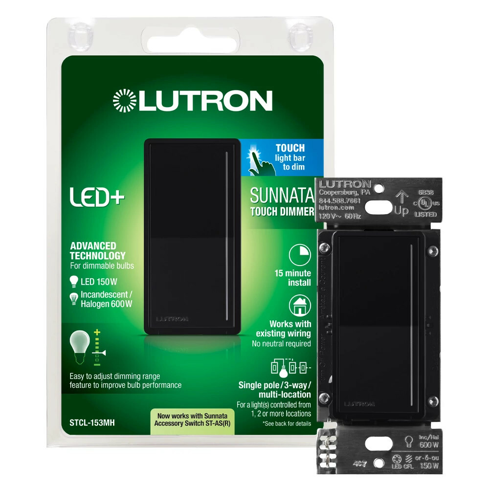 STCL-153M-BL Sunnata LED+ Dimmer Switch, 150W LED, 1 Pole/Multi-Location, No Neutral Required, 120V, Black