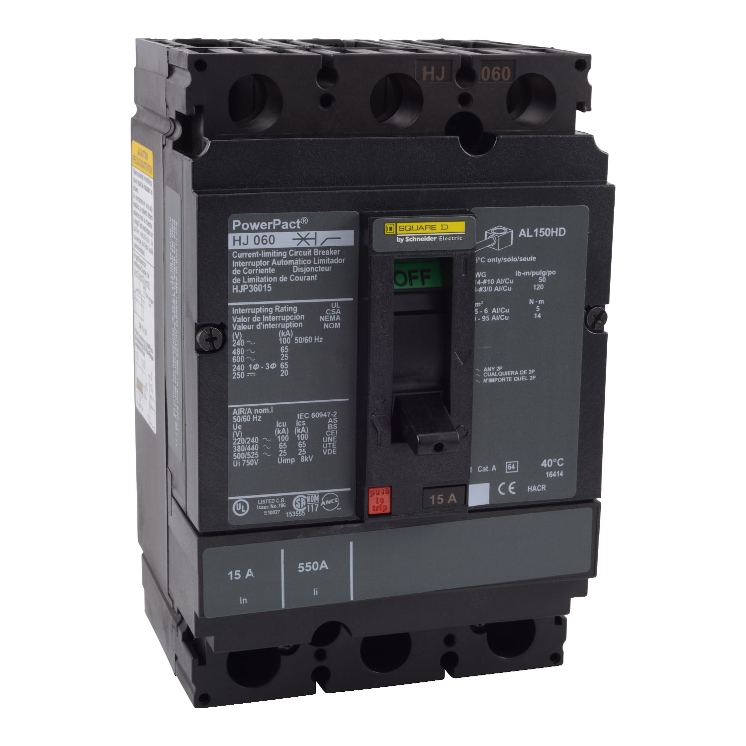 HJP36125 PowerPact Type HJP Molded Case Circuit Breaker, 600 VAC, 250 VDC, 125 A, 20/25/65/100 kA Interrupt, 3 Poles, Thermal Magnetic Trip