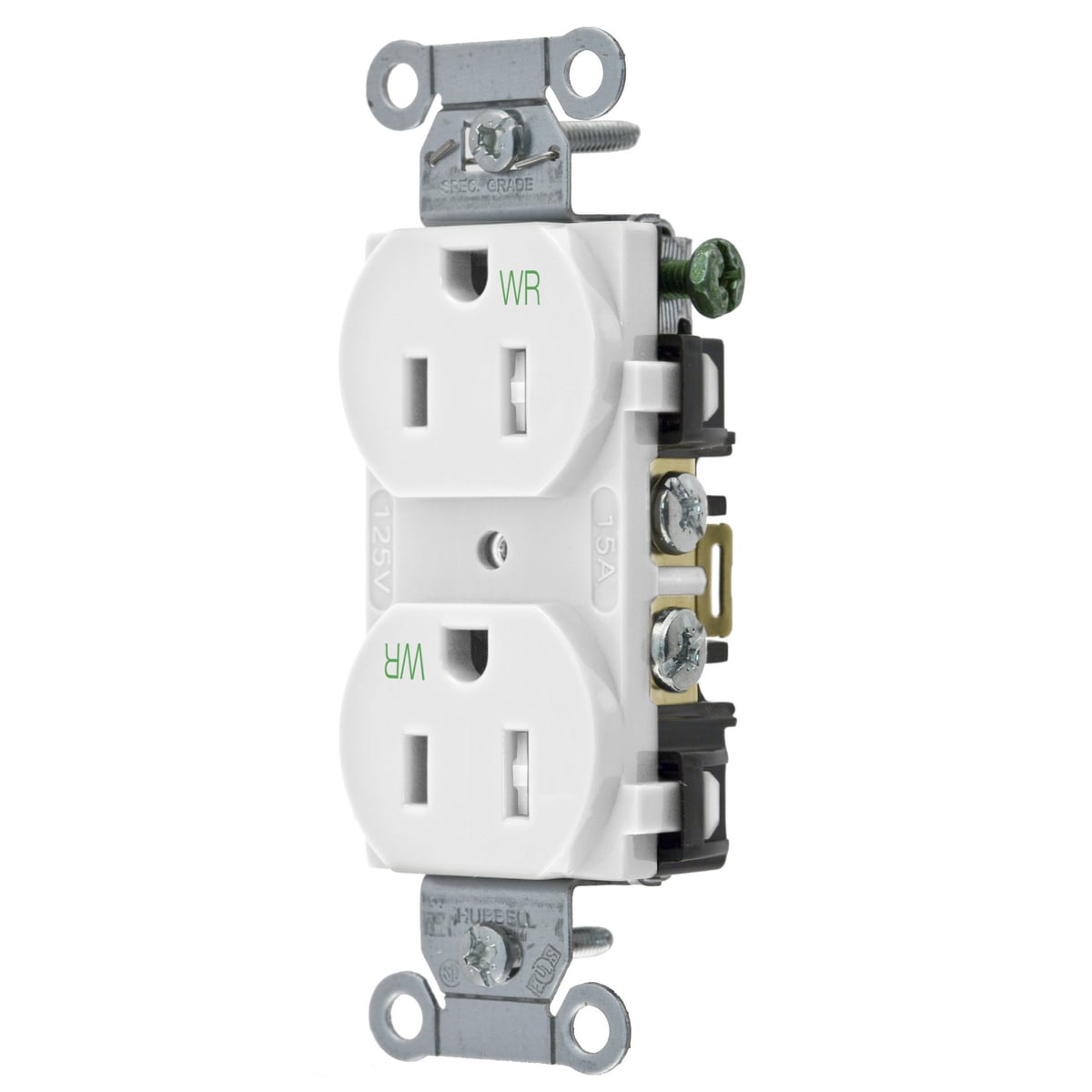 BR15WHIWRTR 1-Phase Duplex Self-Grounding Standard Tamper/Weather Resistant Traditional Screw Mount Straight Blade Receptacle, 125 V AC, 15 A, 2 Poles, 3 Wires, White