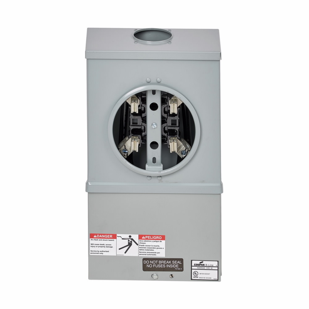 U121317 Single Meter Socket, AW Hub Top Provision, 100 Amp, Both, 7 Jaw, Ringed, 3 Steel, ANSI 61 Paint, Side, 3 Pole, 4 Wire, #14-1/0 Line Lug Size, #14-2/0 Load Lug Size, Manual Circuit Closing