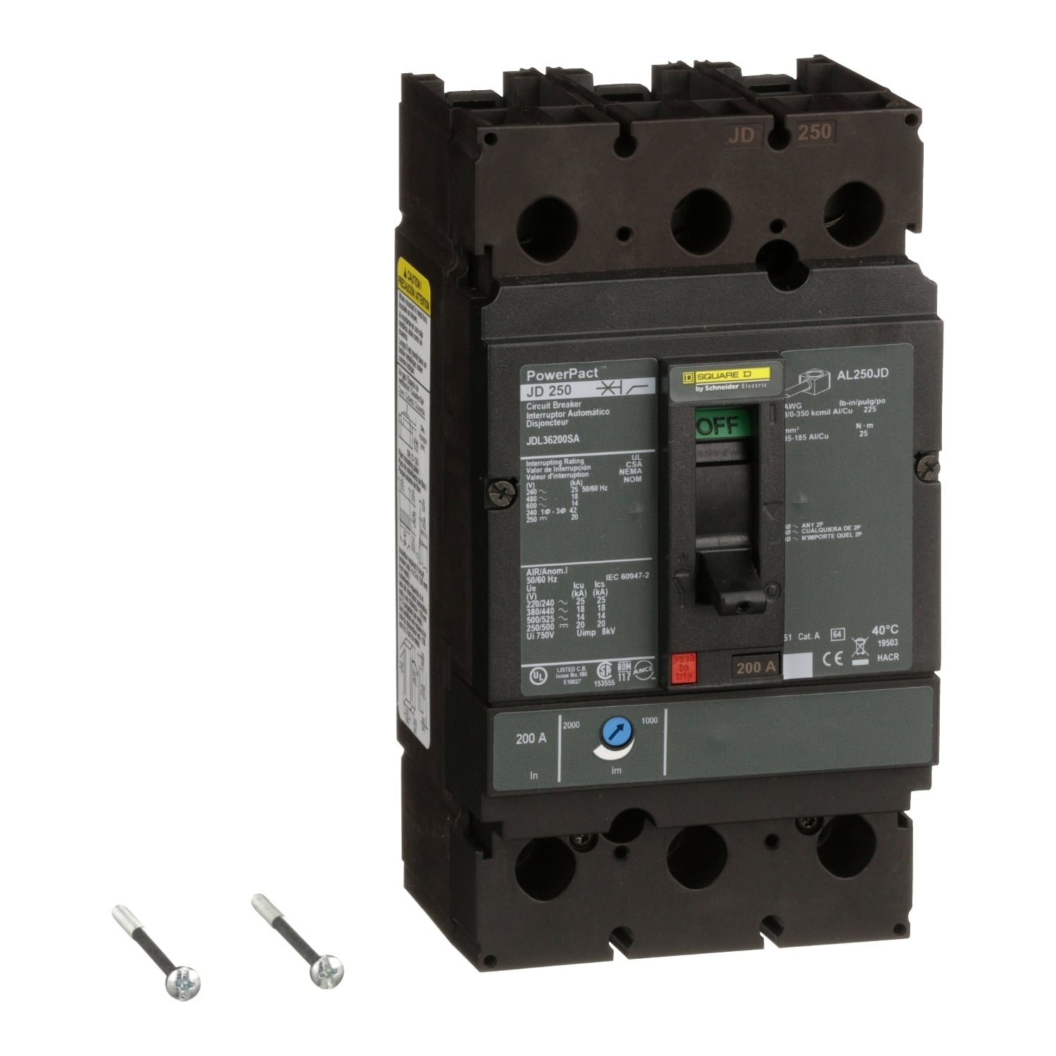JDL36200SA PowerPact 80% Rated Molded Case Circuit Breaker, 600 V AC/250 V DC, 200 A, 25 kA at 240 VAC/18 kA at 480 VAC/14 kA at 600 VAC/20 kA at 250 VDC/250 VDC/600 VAC Interrupt, 3 Poles, Thermal Magnetic Trip