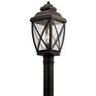 The Tangier 19.75in; 1 light outdoor post light features a historic village look with its criss cross pattern in Olde Bronze and clear seeded glass. The Tangier post light works in several aesthetic environments, including lodge, country and traditional.