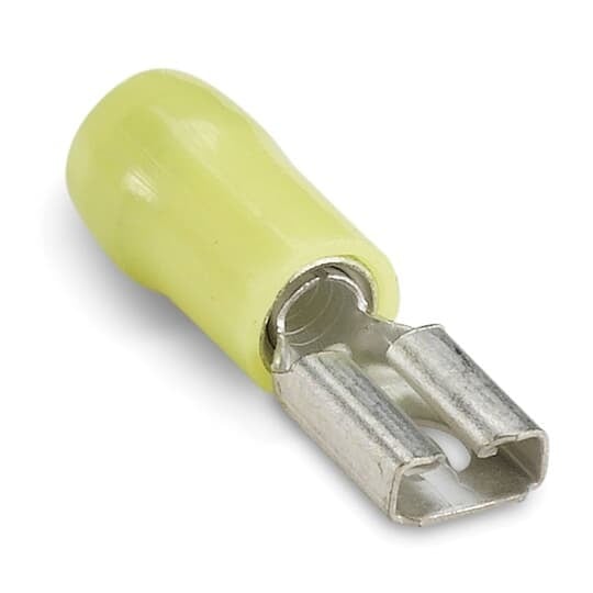 RC250 Sta-Kon Female Disconnect, 12 to 10 AWG Conductor, 0.25 in W x 0.032 in THK Tab, Brazed Seam Barrel, Brass, Yellow, Insulated
