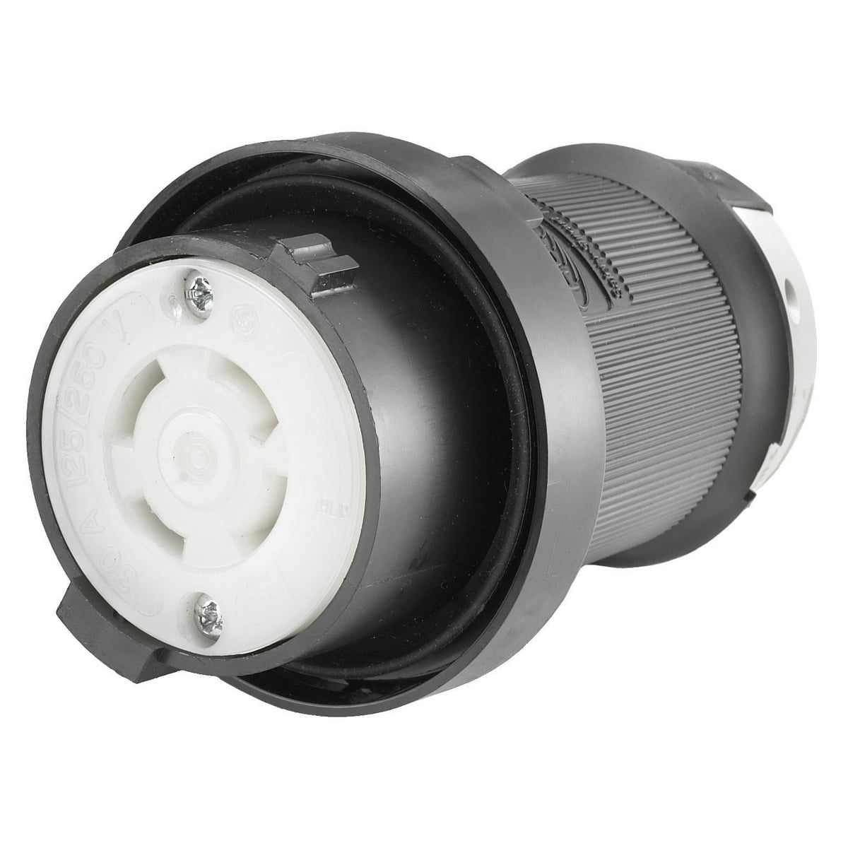 HBL2713SR Heavy Duty Isolated Grounding Reversed Service Shrouded Standard Sized Watertight Cord Mount Female Connector, 125/250 V AC, 30 A, 3 Poles, 4 Wires, Black/White