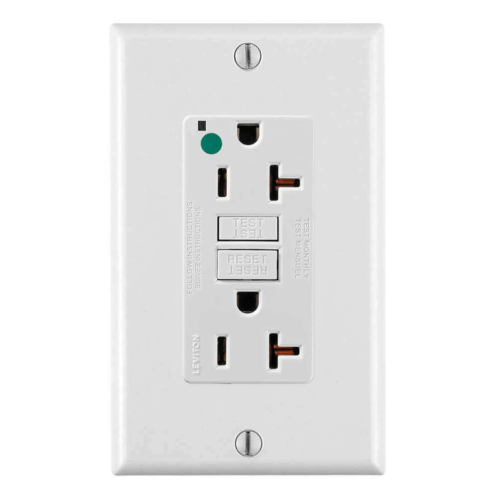 GFNT2-HFW Feed Through Self-Test GFCI Receptacle With White Test, Reset Button, 120 V AC, 20 A, 2 Poles, 3 Wires, White