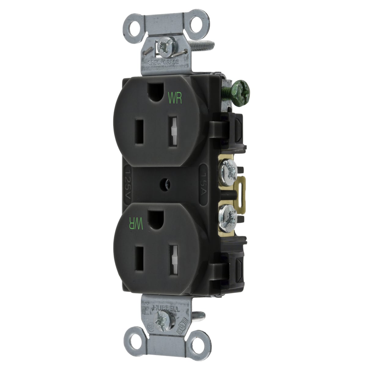 BR15BLKWRTR 1-Phase Duplex Self-Grounding Standard Tamper/Weather Resistant Traditional Screw Mount Straight Blade Receptacle, 125 V AC, 15 A, 2 Poles, 3 Wires, Black