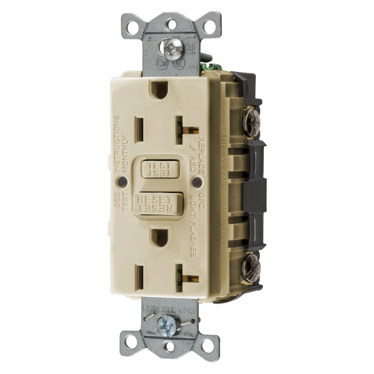 GFRST20IU 1-Phase Decorator Duplex Self-Test Standard Screw Mount GFCI Receptacle, 125 V AC, 20 A, 2 Poles, 3 Wires, Ivory