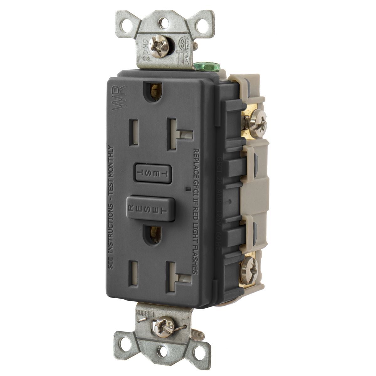 GFTW20BK Tamper/Weather-Resistant GFCI Receptacle, 125 VAC, 20 A, 2 Poles, 3 Wires, Black
