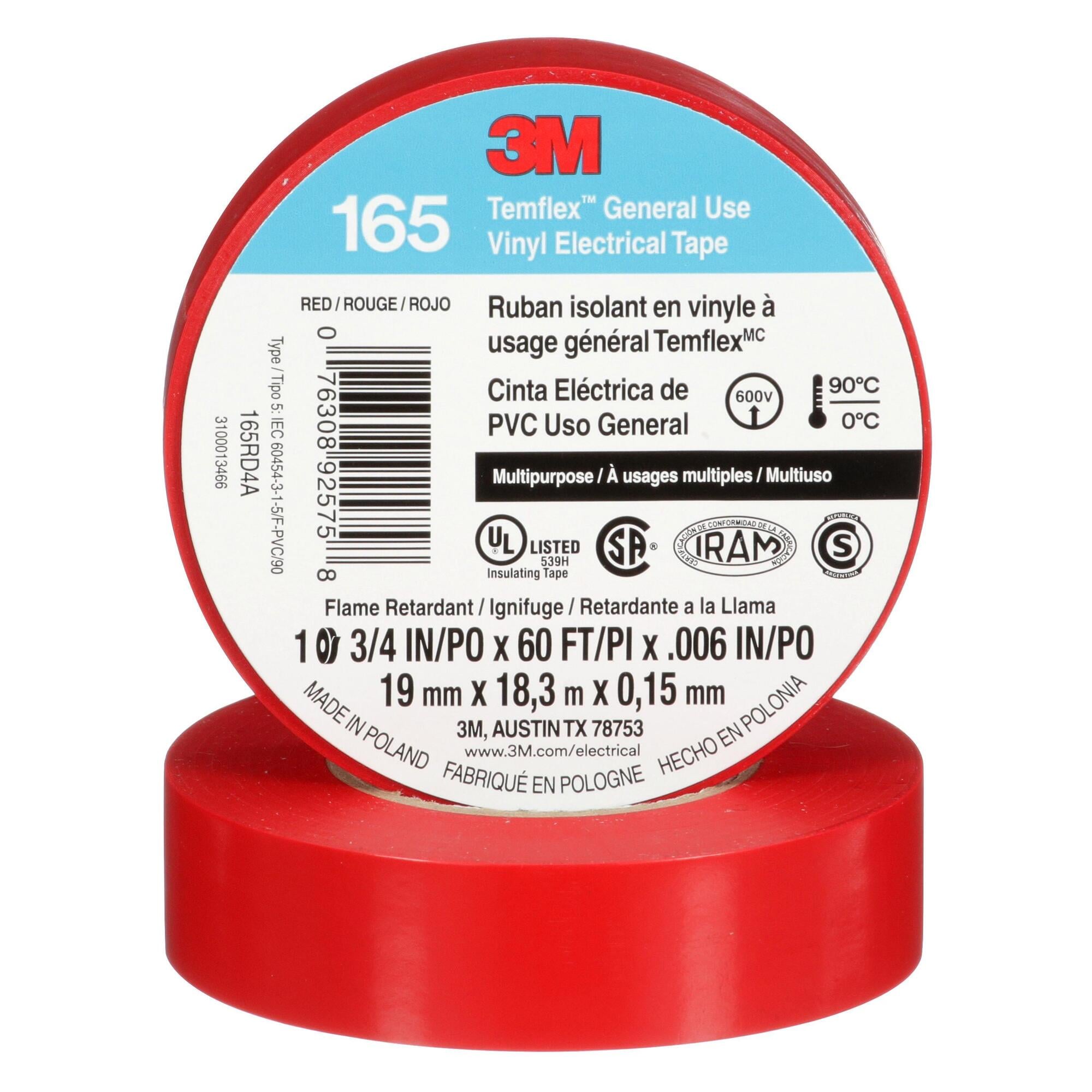 7100169492 Temflex 165RD4A Tape, 20 yd L 0.75 in W, 0.6 in THK, Vinyl, Rubber Adhesive, PVC Backing, Red