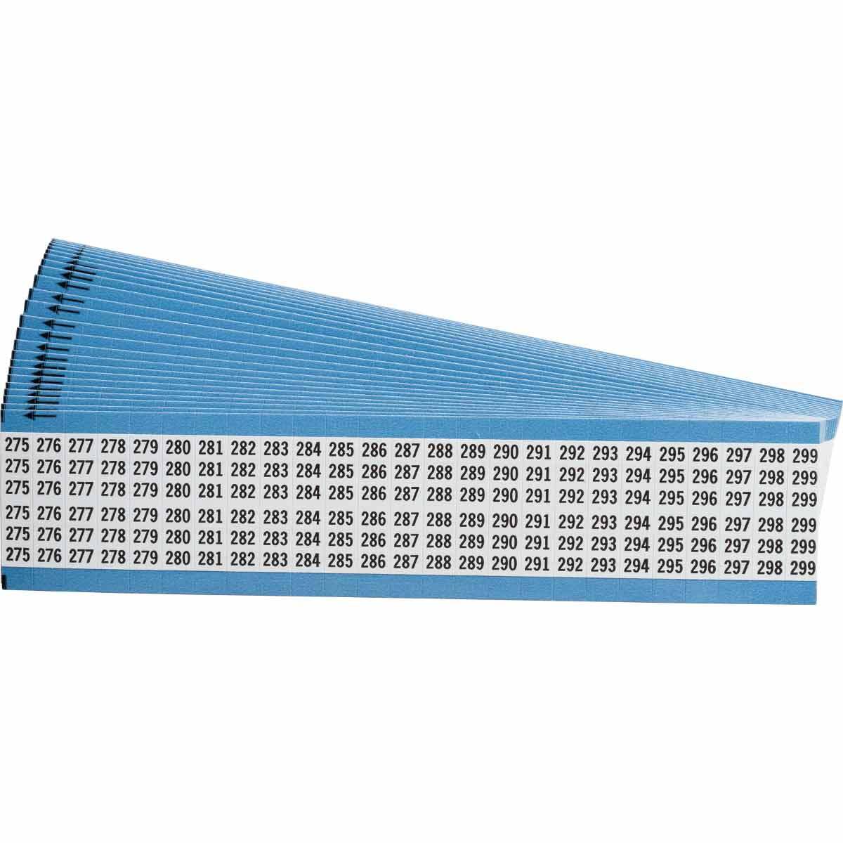 WM-275-299-PK WM Series Consecutive Number Die-Cut Pre-Printed Wire Marker Card, 1/4 in W, Black on White, B-500 Repositionable Vinyl Coated Fabric, 25 Markers per Card