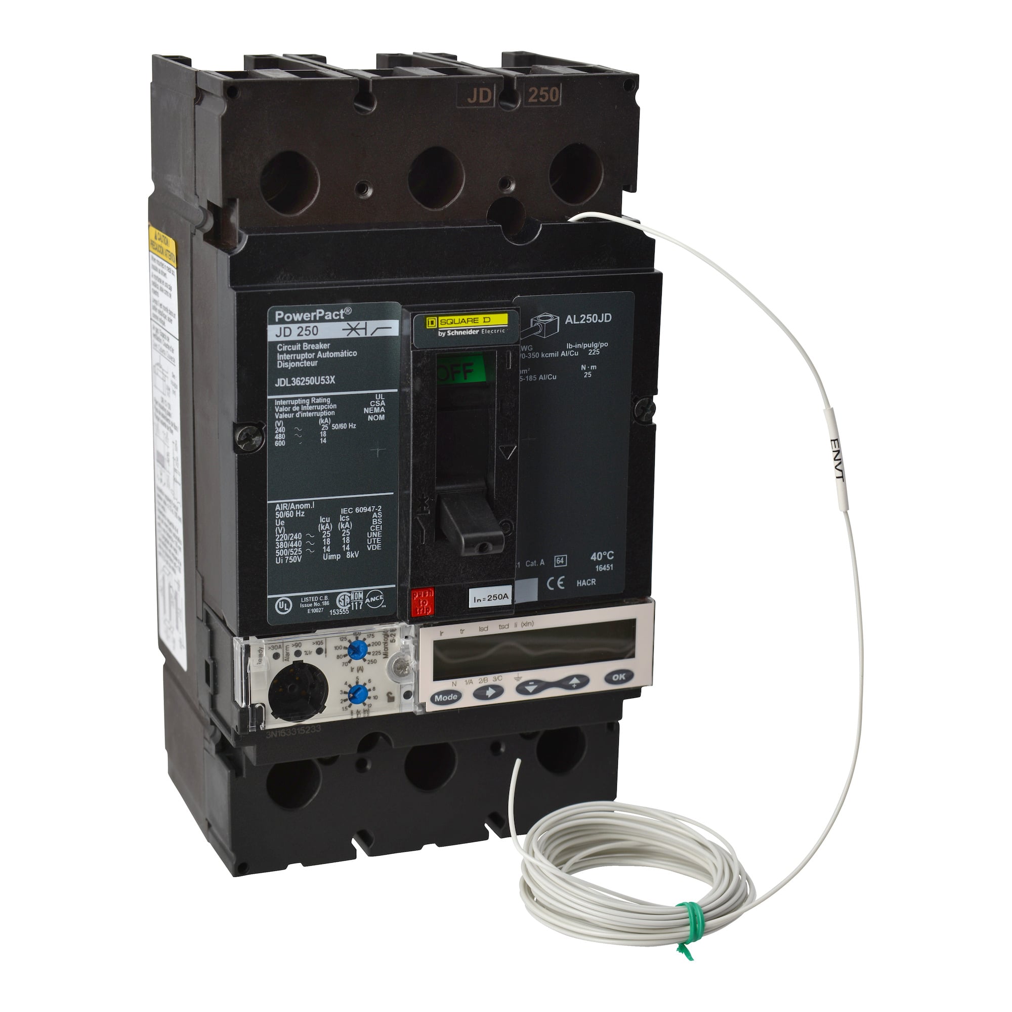 JGL36250U53X PowerPact Molded Case Circuit Breaker, 600 V AC, 250 A, 65 kA at 240 V AC/35 kA at 480 V AC/18 kA at 600 V AC/20 kA at 250/500 VDC Interrupt, 3 Poles, Electronic Trip