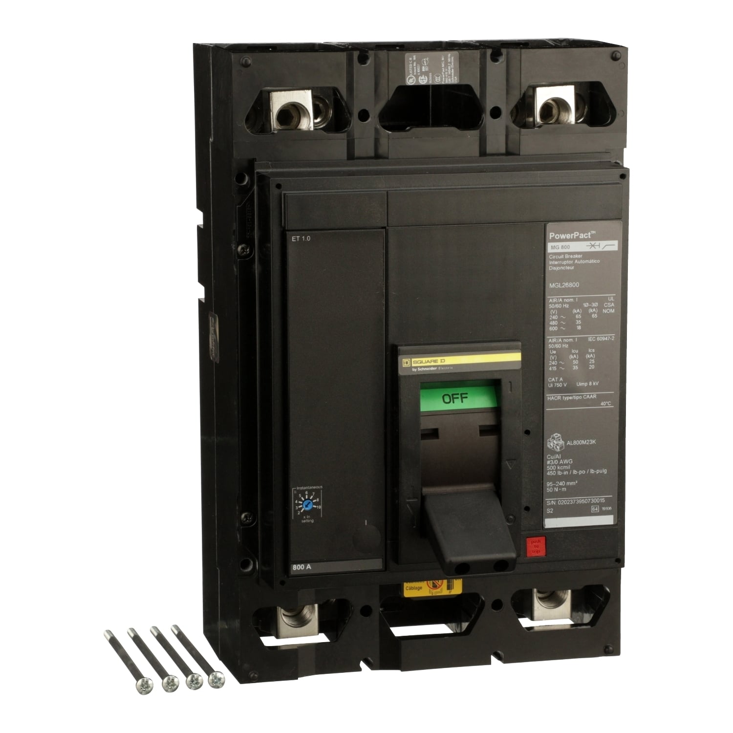 MGL26800 PowerPact 80% Rated Molded Case Circuit Breaker, 600 V AC/250 V DC, 800 A, 18/35/65 kA Interrupt, 2 Poles, Electronic Trip