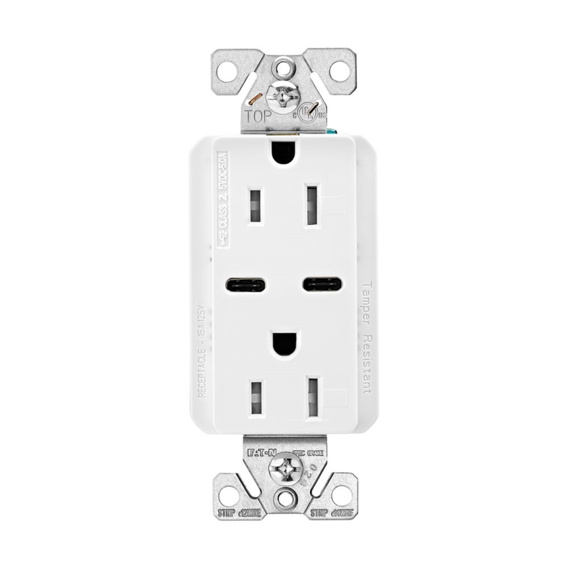TRUSBC15W-BOX Decorator High Power Combination USB Charging Device With Duplex Tamper-Resistant Receptacle, 15 A at 125 V AC, 2 Poles, 3 Wires, White