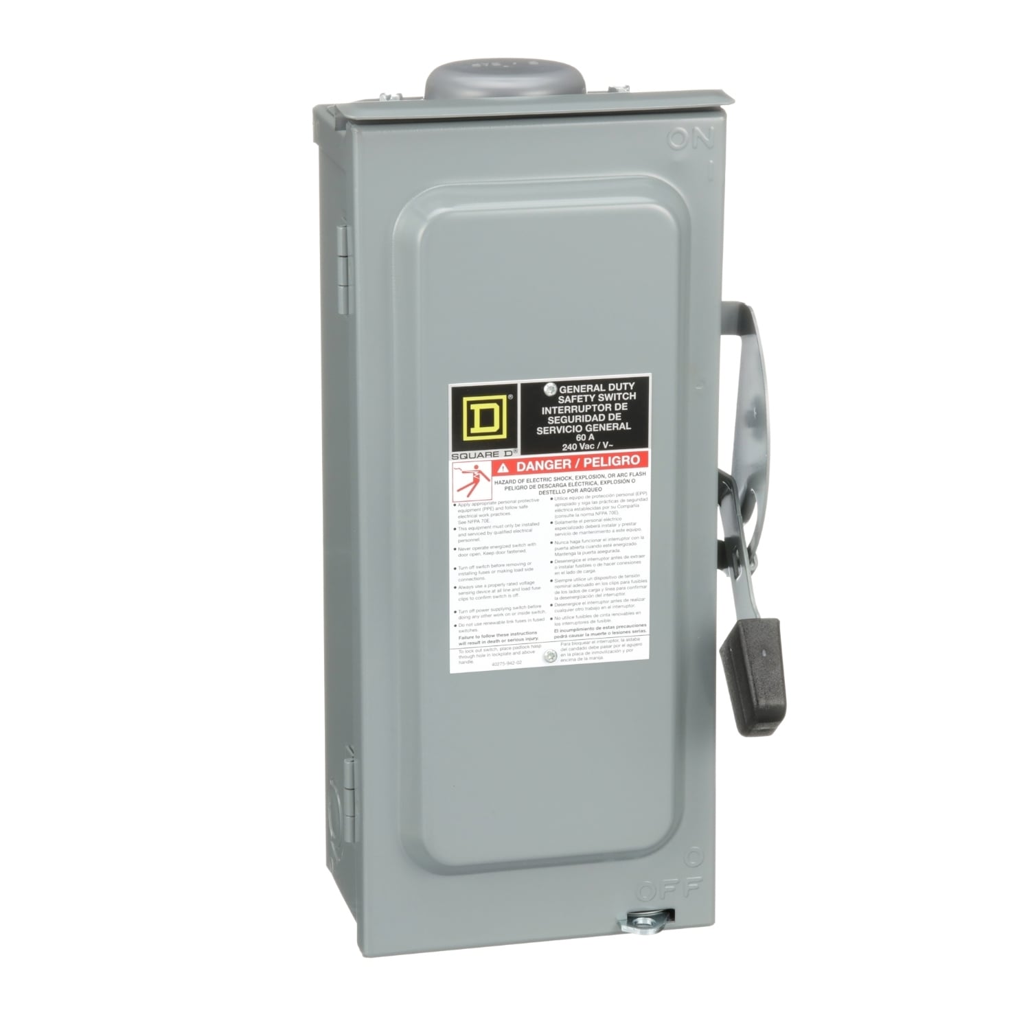 D222NRBCP F1 Fusible General Duty Safety Switch With Bolt-On Hub Provision, 240 V AC, 60 A, 10 hp at 240 V AC 1-Phase, 15 hp at 240 V AC 3-Phase, 2 Poles
