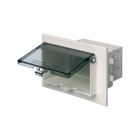 Low profile inbox for new brick construction. Recessed electrical box with weather proof in use cover. Horizontal. White with clear cover. With Grounding Clip.